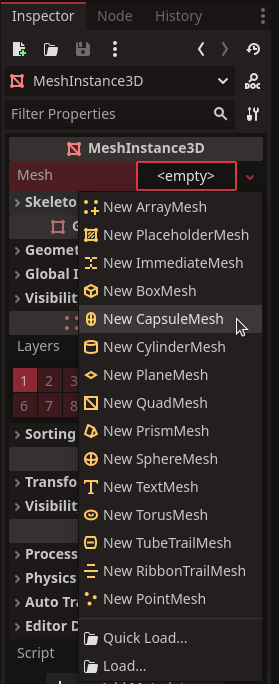 Over in the Inspector set the MeshInstance3D's Mesh property to a new CapsuleMesh
