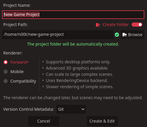 Create project window